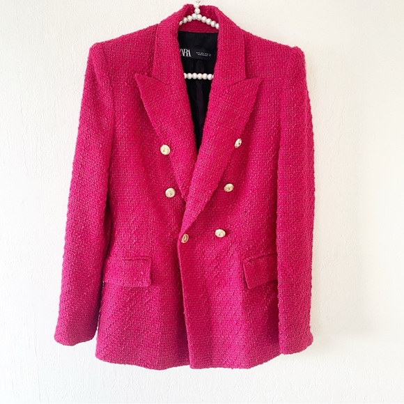 BLOGGERS FAVE Zara Raspberry Red Bouclé Tweed Blazer - Picture 9 of 16
